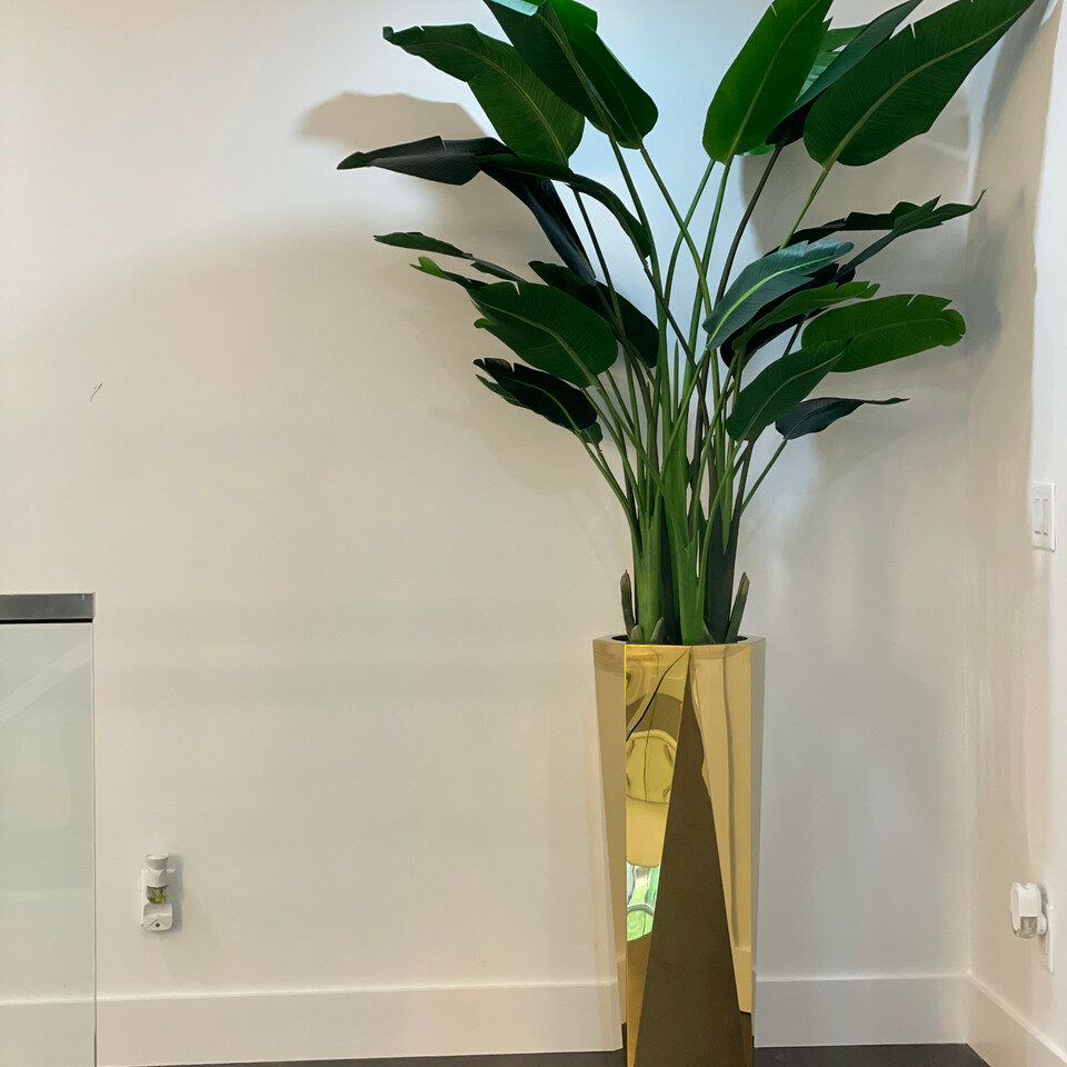 Goldene Prismavase mit Paradiesvogelpflanze (2,1 m)
